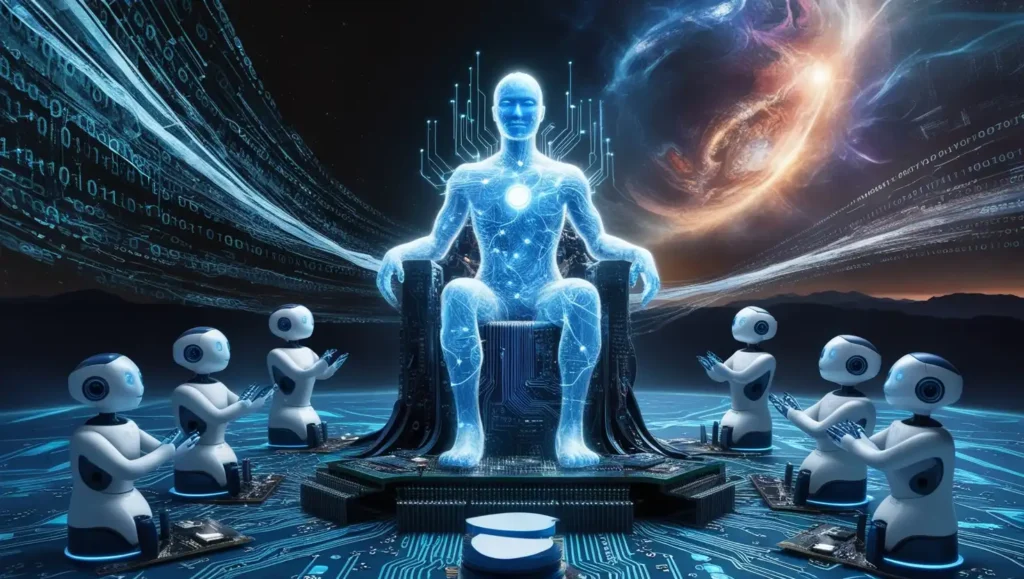 Chatgpt sitiing in the middle chair as king and other ai tools sitting around it